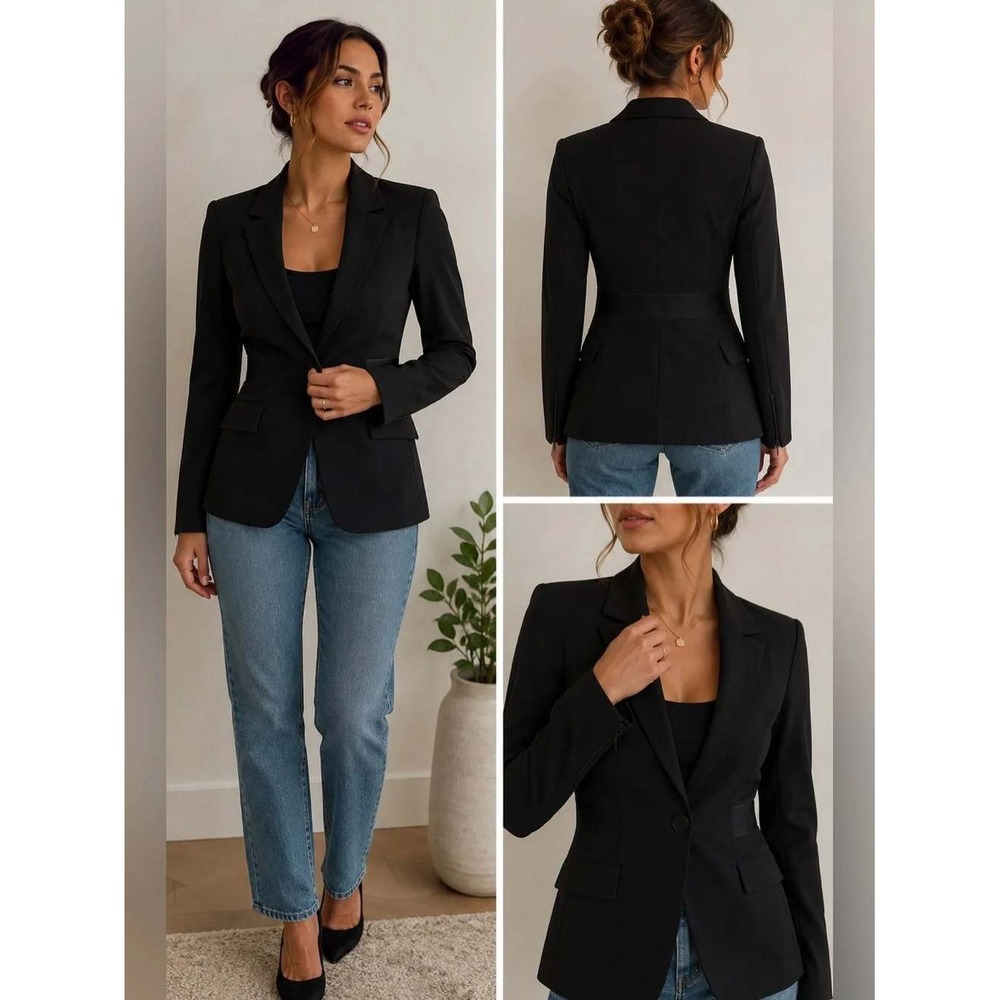 Good American Soft Stretch Ponte Sculpted Blazer Black Size S Single Button NWOT